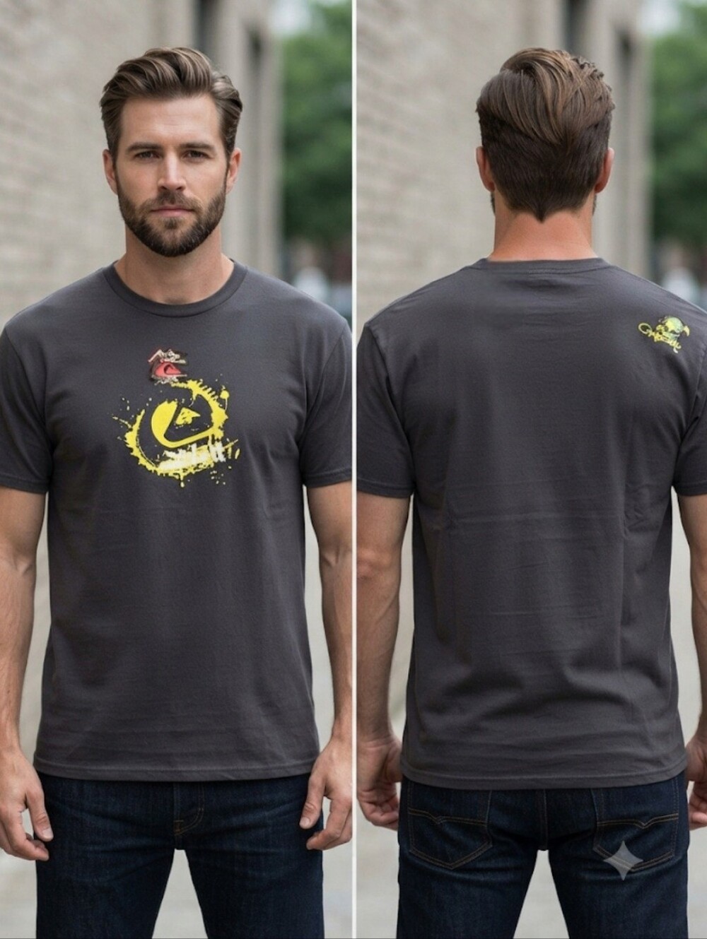 NWT Quiksilver Graphic Tee Charcoal Gray Yellow Spray Logo XL